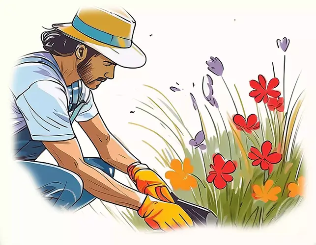 Jardinier paysagiste plantant des fleurs colorées dans un massif fleuri