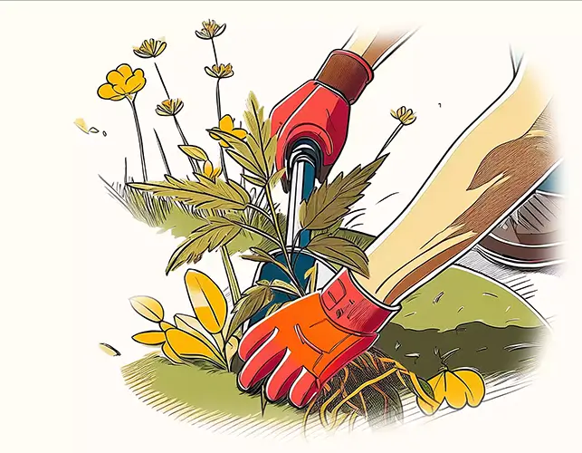 Jardinier paysagiste réalisant un désherbage manuel dans un jardin entretenu