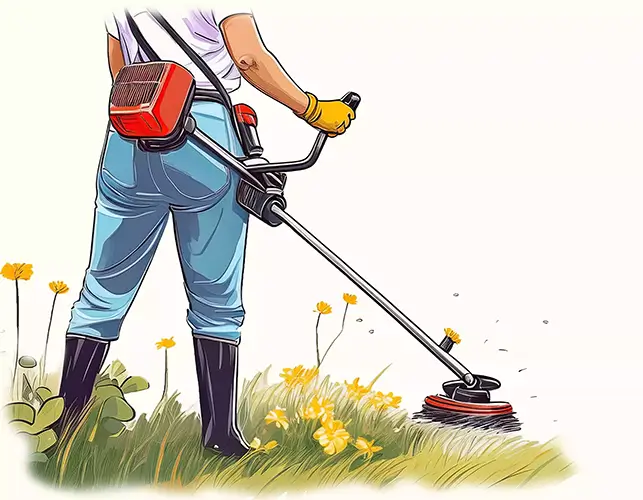 Jardinier paysagiste effectuant un débroussaillage dans un jardin, Landes